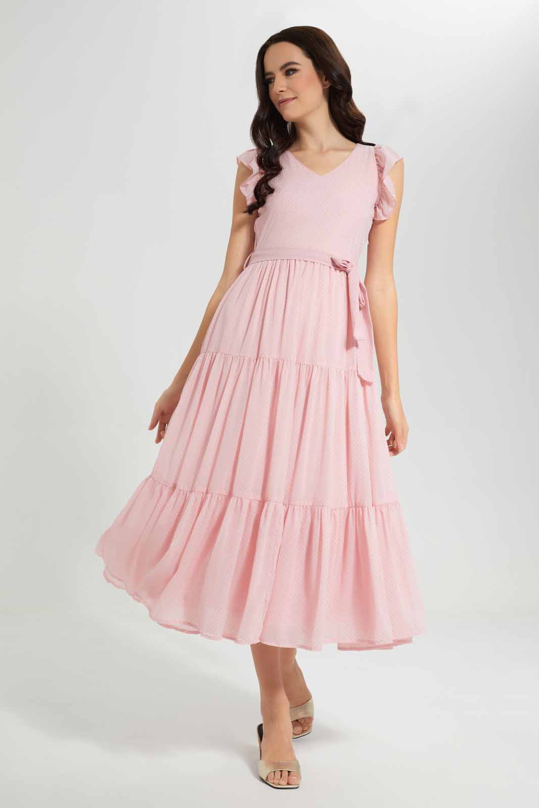 Redtag-Pink-Gold-Dotted-Tiered-maxi-dress-Category:Dresses,-Colour:Apricot,-Deals:New-In,-Festive,-Filter:Women's-Clothing,-New-In-Women-APL,-Non-Sale,-Section:Women,-W22O,-Women-Dresses-Women's-
