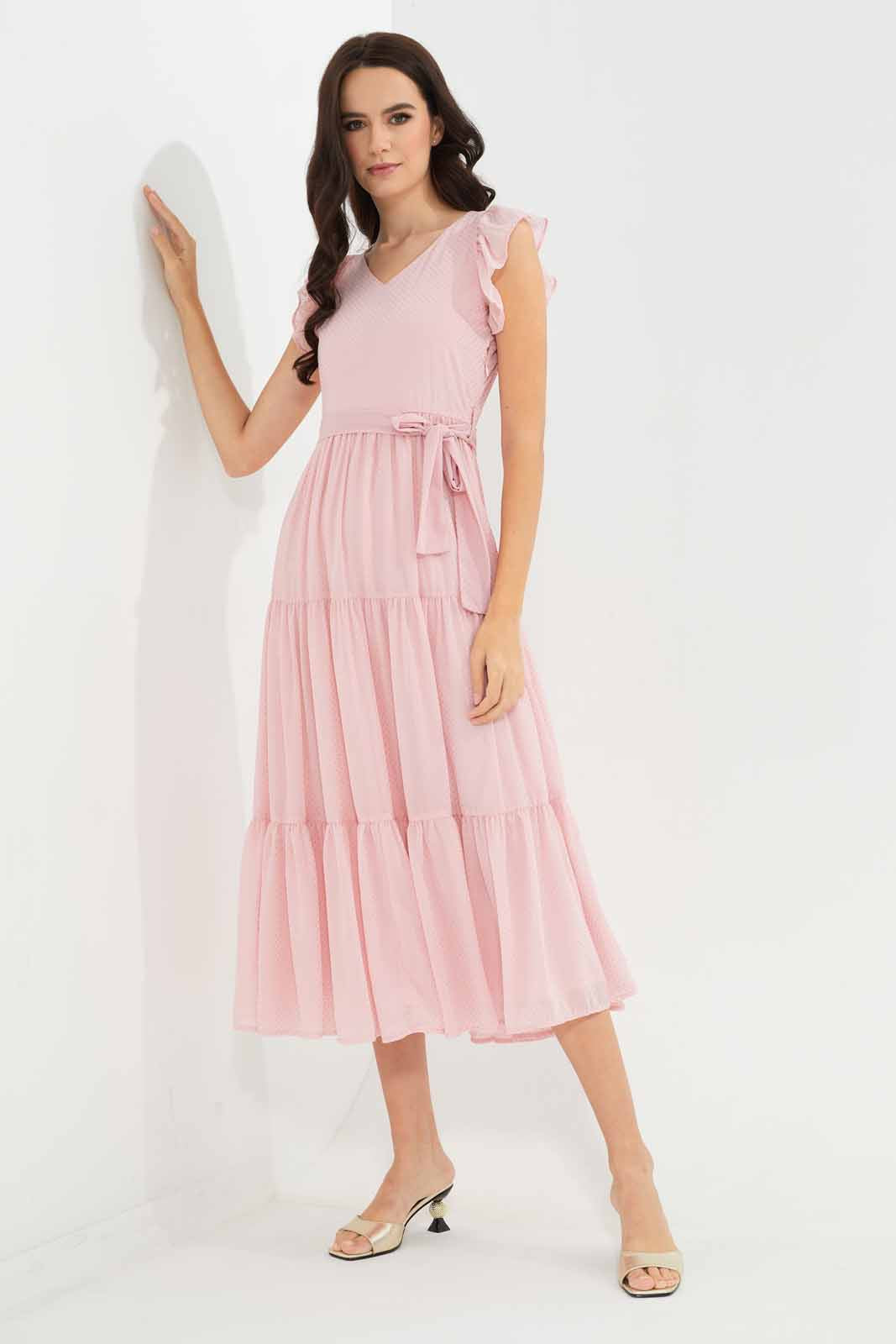 Redtag-Pink-Gold-Dotted-Tiered-maxi-dress-Category:Dresses,-Colour:Apricot,-Deals:New-In,-Festive,-Filter:Women's-Clothing,-New-In-Women-APL,-Non-Sale,-Section:Women,-W22O,-Women-Dresses-Women's-