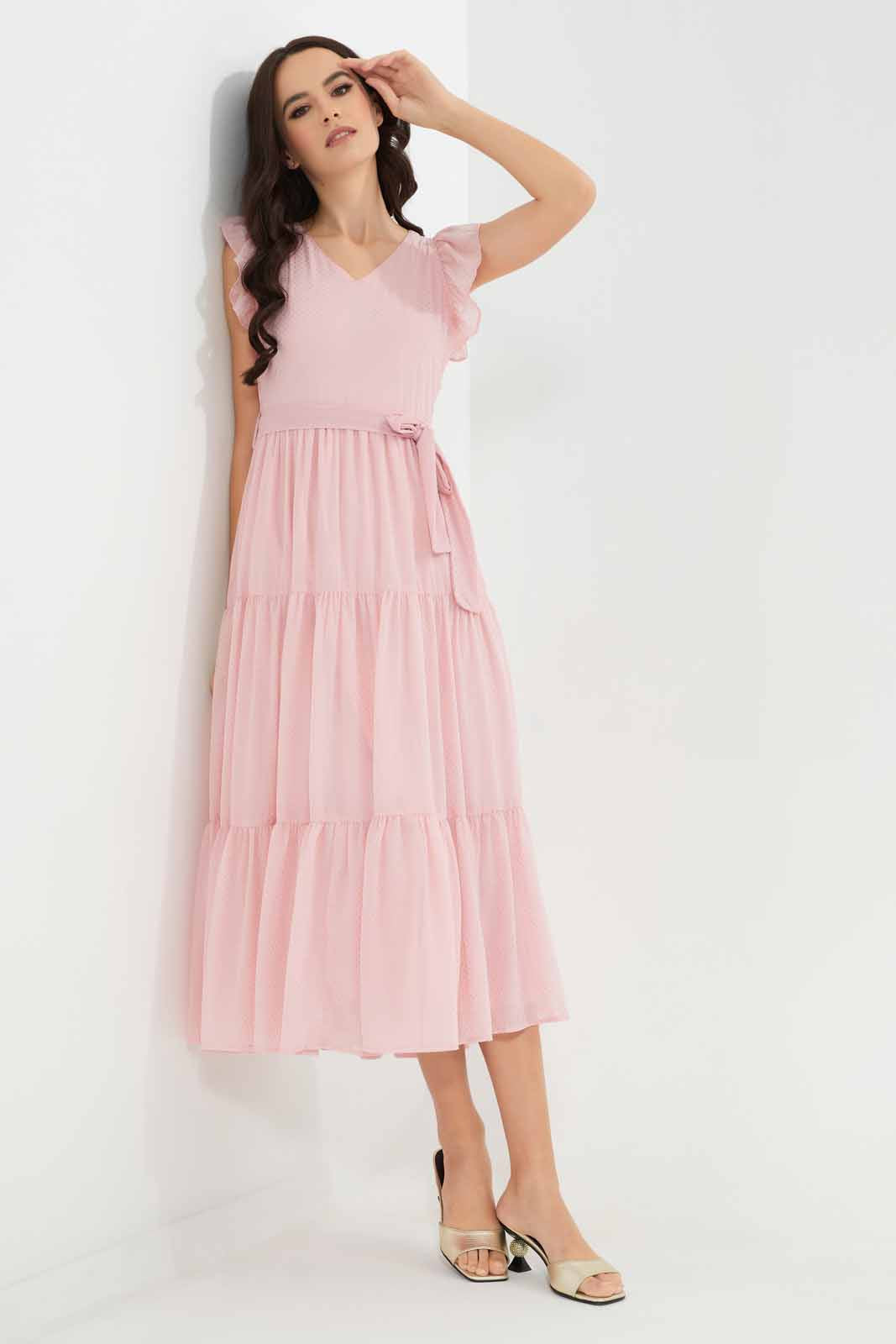 Redtag-Pink-Gold-Dotted-Tiered-maxi-dress-Category:Dresses,-Colour:Apricot,-Deals:New-In,-Festive,-Filter:Women's-Clothing,-New-In-Women-APL,-Non-Sale,-Section:Women,-W22O,-Women-Dresses-Women's-
