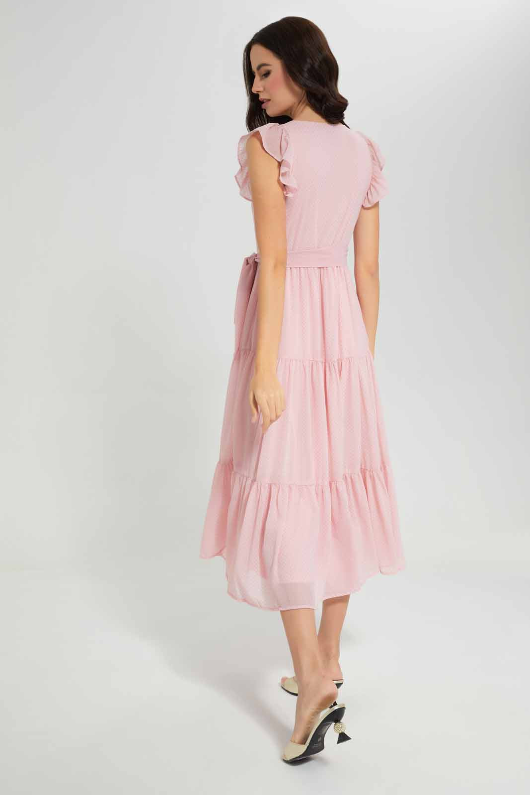 Redtag-Pink-Gold-Dotted-Tiered-maxi-dress-Category:Dresses,-Colour:Apricot,-Deals:New-In,-Festive,-Filter:Women's-Clothing,-New-In-Women-APL,-Non-Sale,-Section:Women,-W22O,-Women-Dresses-Women's-