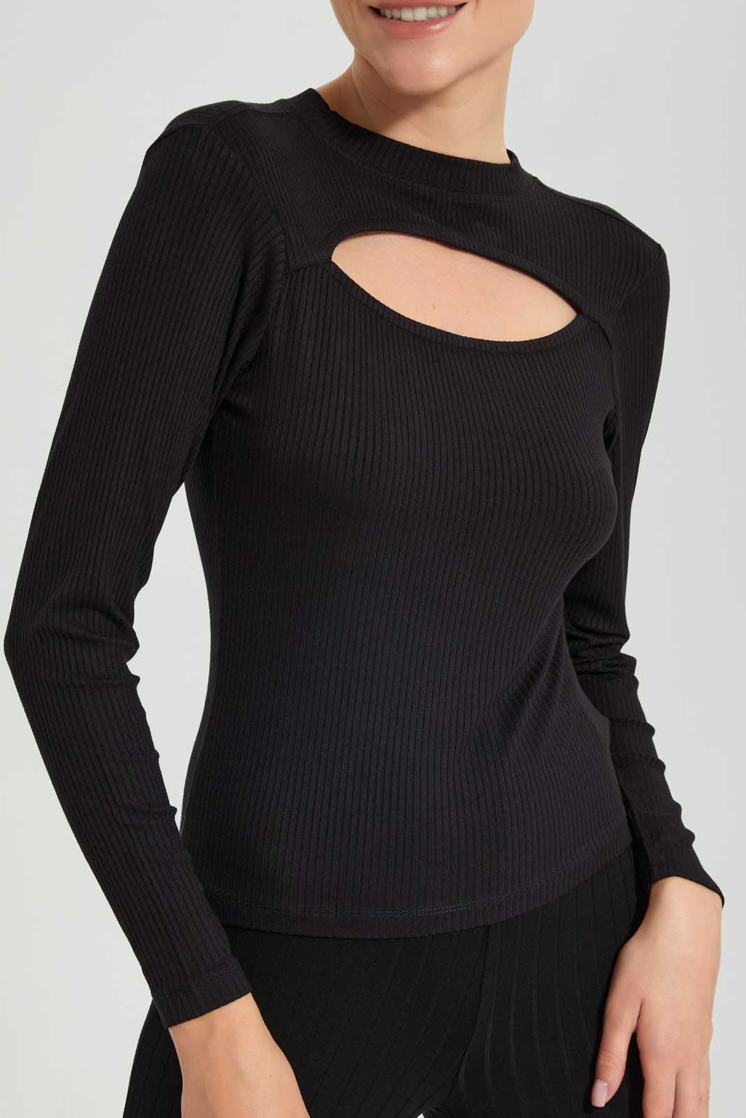 Redtag-Black-Longsleeves-Knitted-Cut-Out-Top-Category:Tops,-Colour:Black,-Deals:New-In,-Filter:Women's-Clothing,-LEC,-LEC-Tops,-New-In-LEC,-Non-Sale,-Section:Women,-W22O-Women's-