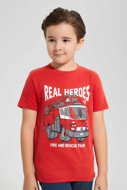 Redtag-Red-Fire-Truck-Chest-print-SS-T-Shirt-BOY-T-Shirts,-Category:T-Shirts,-Colour:Red,-Deals:New-In,-Filter:Boys-(2-to-8-Yrs),-New-In-BOY-APL,-Non-Sale,-Section:Boys-(0-to-14Yrs),-TBL,-W22O-Boys-2 to 8 Years