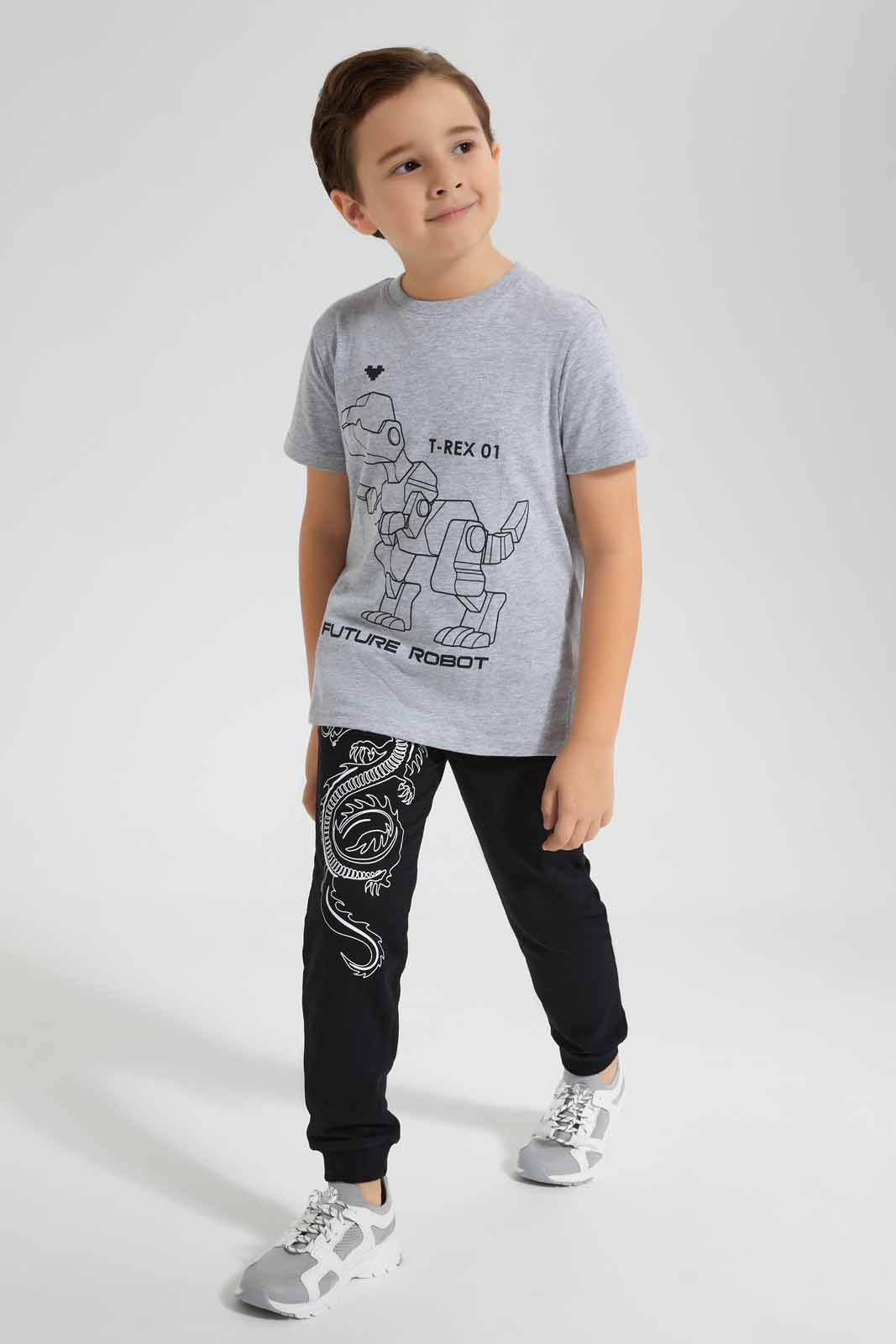 Redtag-Mid-Grey-Dino-Chest-print-SS-T-Shirt-BOY-T-Shirts,-Category:T-Shirts,-Colour:Grey,-Deals:New-In,-Filter:Boys-(2-to-8-Yrs),-New-In-BOY-APL,-Non-Sale,-Section:Boys-(0-to-14Yrs),-TBL,-W22O-Boys-2 to 8 Years