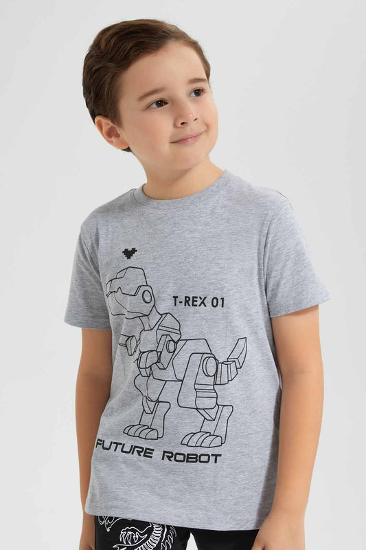 Redtag-Mid-Grey-Dino-Chest-print-SS-T-Shirt-BOY-T-Shirts,-Category:T-Shirts,-Colour:Grey,-Deals:New-In,-Filter:Boys-(2-to-8-Yrs),-New-In-BOY-APL,-Non-Sale,-Section:Boys-(0-to-14Yrs),-TBL,-W22O-Boys-2 to 8 Years