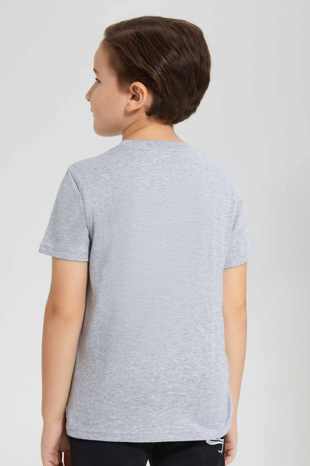 Redtag-Mid-Grey-Dino-Chest-print-SS-T-Shirt-BOY-T-Shirts,-Category:T-Shirts,-Colour:Grey,-Deals:New-In,-Filter:Boys-(2-to-8-Yrs),-New-In-BOY-APL,-Non-Sale,-Section:Boys-(0-to-14Yrs),-TBL,-W22O-Boys-2 to 8 Years