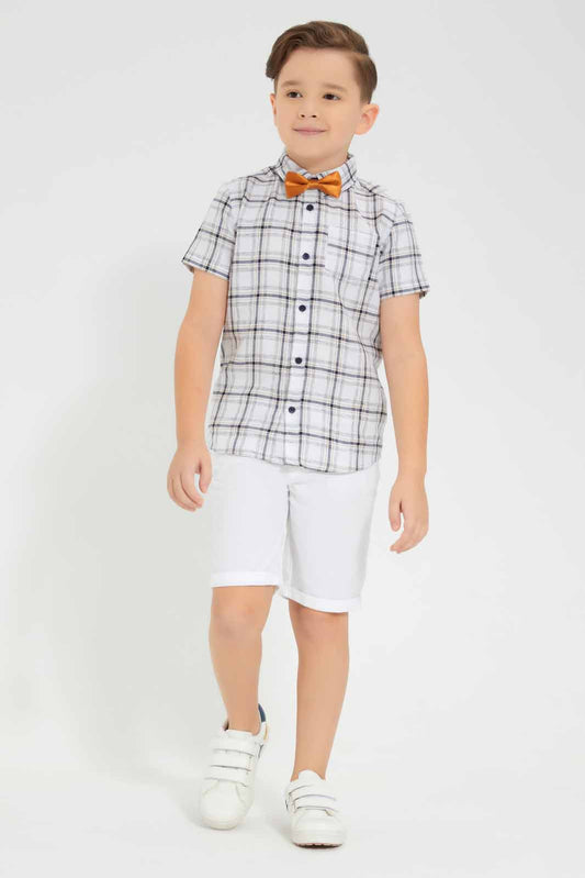 Redtag-White-Flannel-Check-Shirt-With-Bow-And-Short-Set-BOY-Sets,-Category:Sets,-Colour:White,-Deals:New-In,-EID,-Filter:Boys-(2-to-8-Yrs),-New-In-BOY-APL,-Non-Sale,-Section:Boys-(0-to-14Yrs),-W22O-Boys-2 to 8 Years