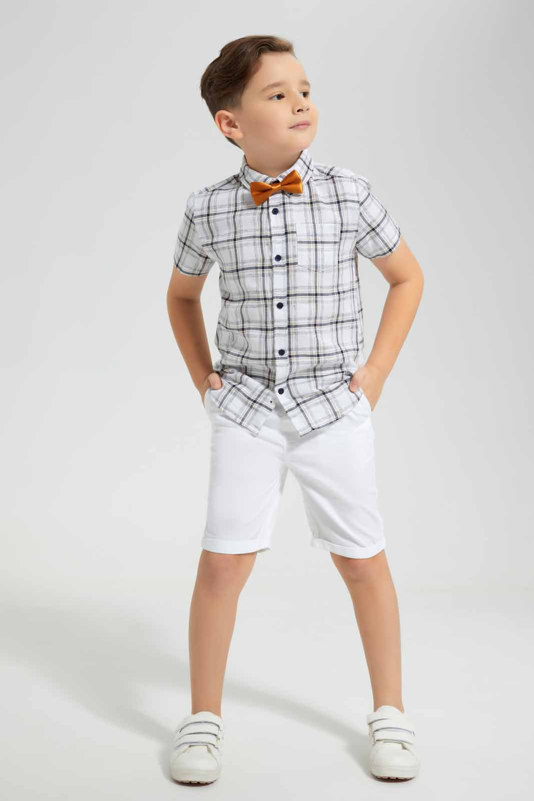 Redtag-White-Flannel-Check-Shirt-With-Bow-And-Short-Set-BOY-Sets,-Category:Sets,-Colour:White,-Deals:New-In,-EID,-Filter:Boys-(2-to-8-Yrs),-New-In-BOY-APL,-Non-Sale,-Section:Boys-(0-to-14Yrs),-W22O-Boys-2 to 8 Years