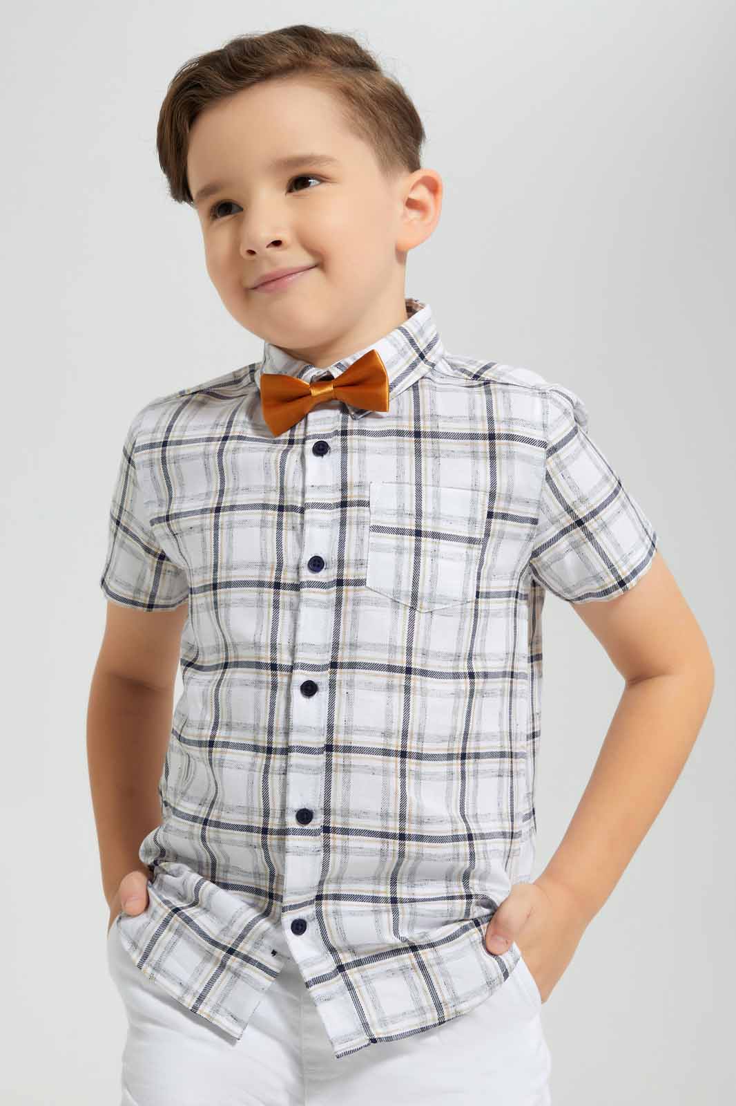 Redtag-White-Flannel-Check-Shirt-With-Bow-And-Short-Set-BOY-Sets,-Category:Sets,-Colour:White,-Deals:New-In,-EID,-Filter:Boys-(2-to-8-Yrs),-New-In-BOY-APL,-Non-Sale,-Section:Boys-(0-to-14Yrs),-W22O-Boys-2 to 8 Years
