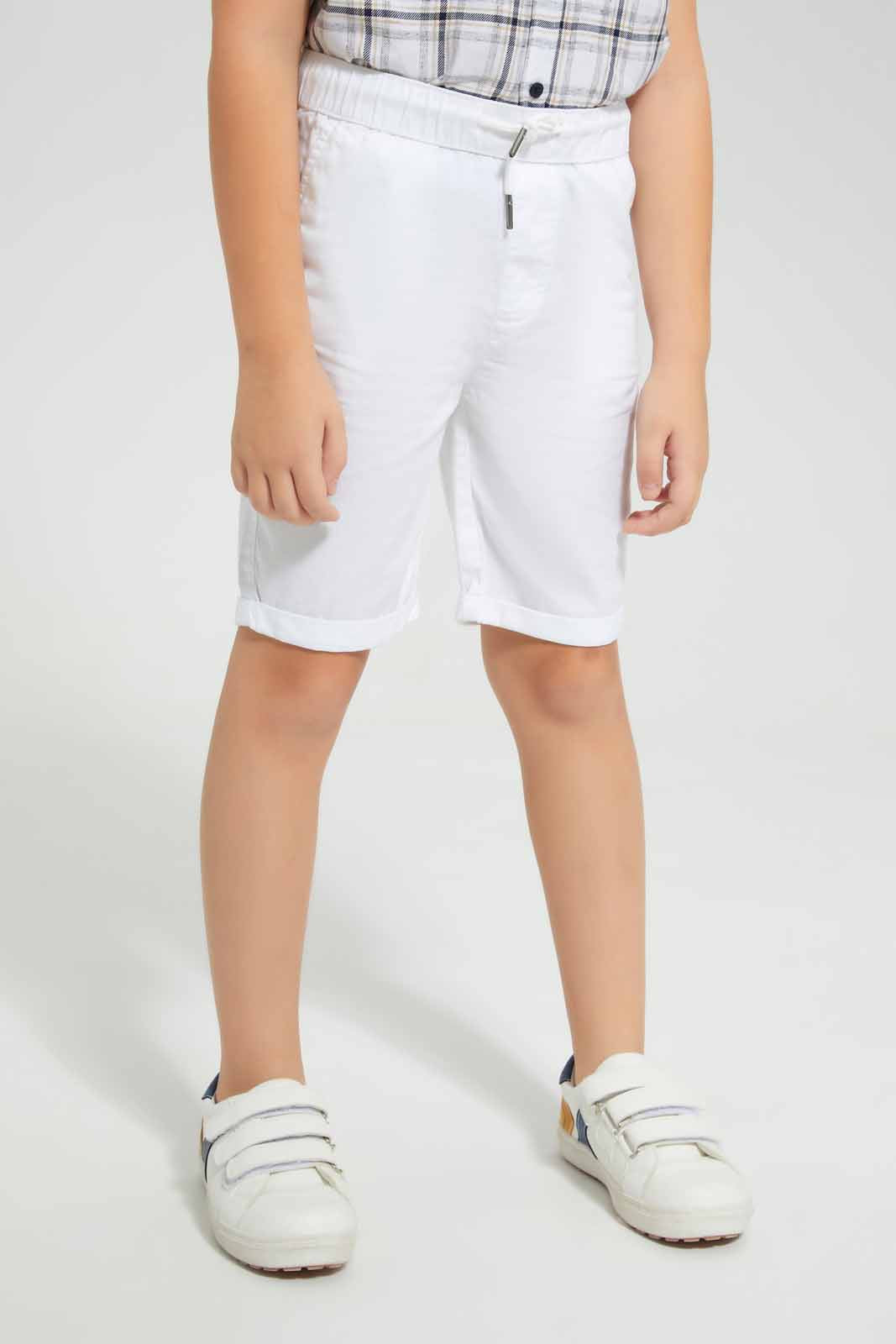 Redtag-White-Flannel-Check-Shirt-With-Bow-And-Short-Set-BOY-Sets,-Category:Sets,-Colour:White,-Deals:New-In,-EID,-Filter:Boys-(2-to-8-Yrs),-New-In-BOY-APL,-Non-Sale,-Section:Boys-(0-to-14Yrs),-W22O-Boys-2 to 8 Years