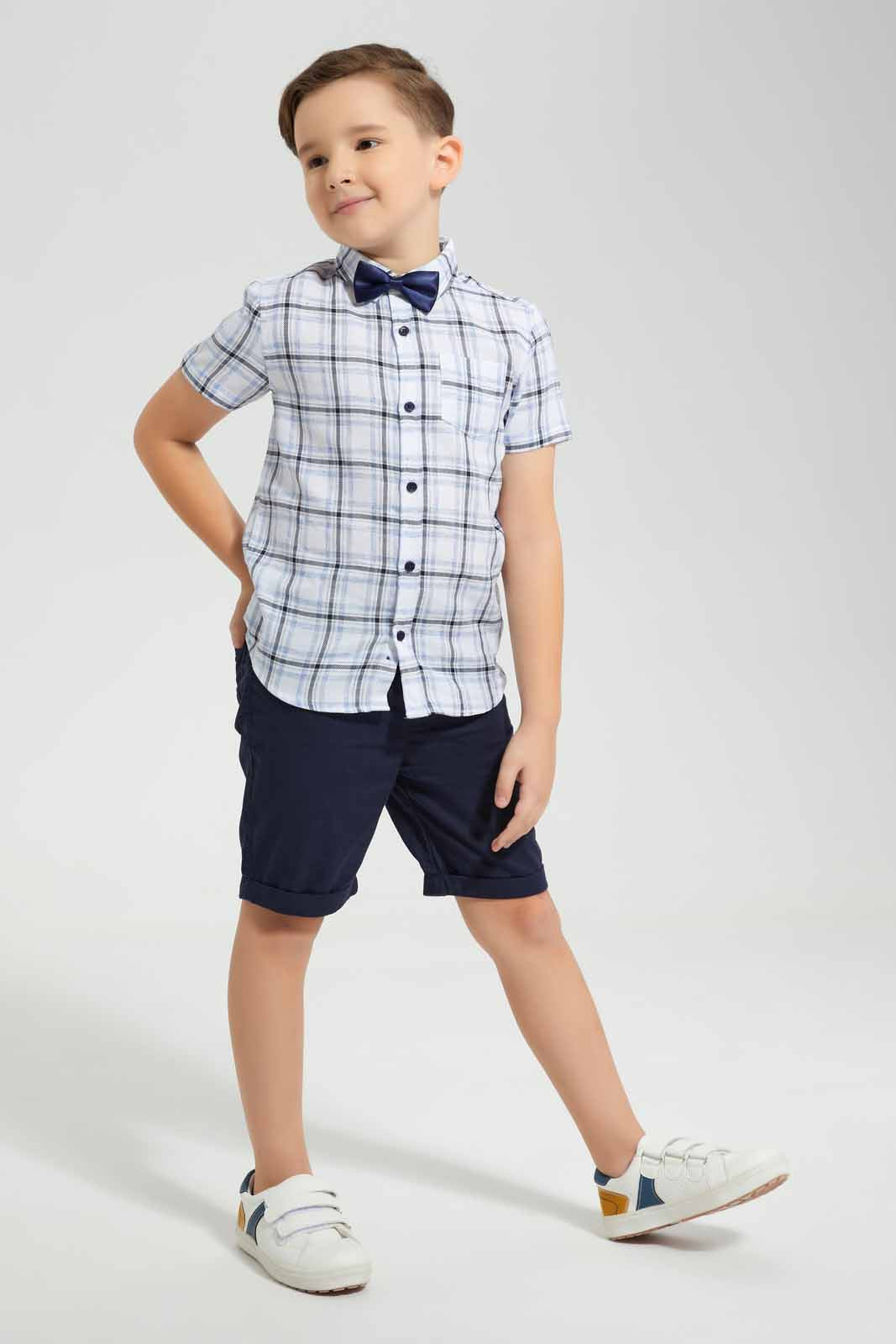 Redtag-Blue-Hlannel-Check-Shirt-With-Bow-And-Short-Set-BOY-Sets,-Category:Sets,-Colour:Blue,-Deals:New-In,-EID,-Filter:Boys-(2-to-8-Yrs),-New-In-BOY-APL,-Non-Sale,-Section:Boys-(0-to-14Yrs),-W22O-Boys-2 to 8 Years
