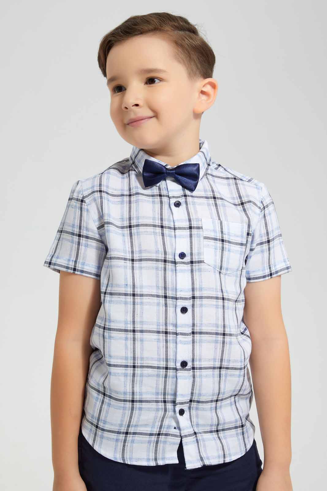 Redtag-Blue-Hlannel-Check-Shirt-With-Bow-And-Short-Set-BOY-Sets,-Category:Sets,-Colour:Blue,-Deals:New-In,-EID,-Filter:Boys-(2-to-8-Yrs),-New-In-BOY-APL,-Non-Sale,-Section:Boys-(0-to-14Yrs),-W22O-Boys-2 to 8 Years