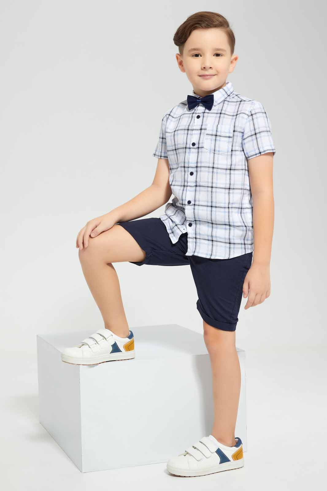 Redtag-Blue-Hlannel-Check-Shirt-With-Bow-And-Short-Set-BOY-Sets,-Category:Sets,-Colour:Blue,-Deals:New-In,-EID,-Filter:Boys-(2-to-8-Yrs),-New-In-BOY-APL,-Non-Sale,-Section:Boys-(0-to-14Yrs),-W22O-Boys-2 to 8 Years