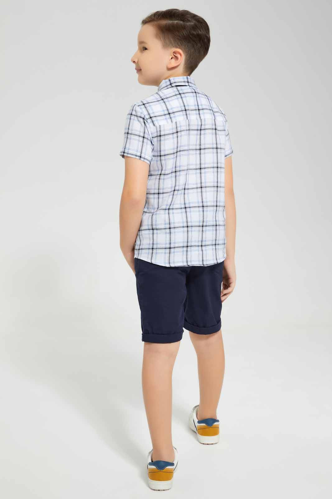 Redtag-Blue-Hlannel-Check-Shirt-With-Bow-And-Short-Set-BOY-Sets,-Category:Sets,-Colour:Blue,-Deals:New-In,-EID,-Filter:Boys-(2-to-8-Yrs),-New-In-BOY-APL,-Non-Sale,-Section:Boys-(0-to-14Yrs),-W22O-Boys-2 to 8 Years