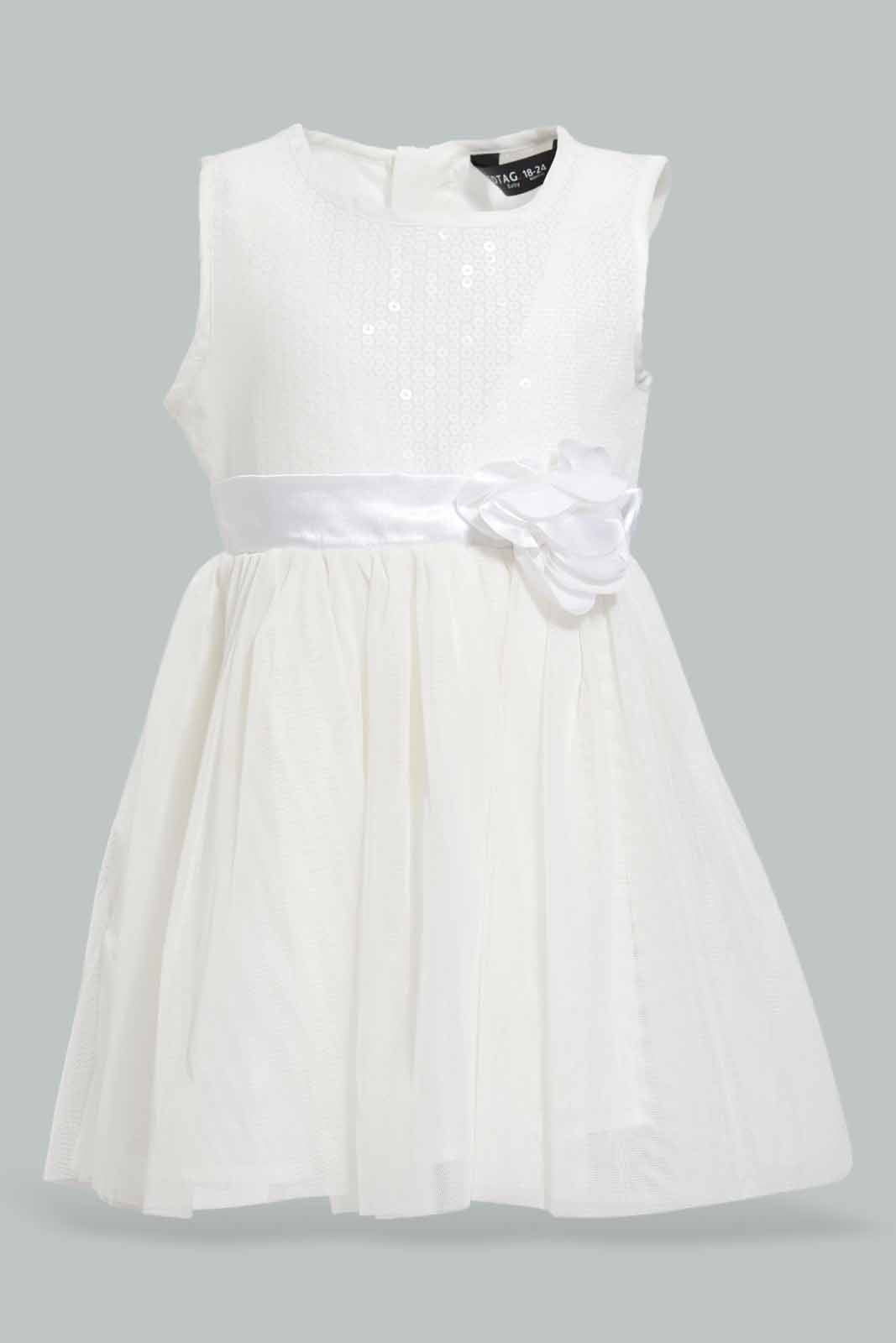 Redtag-White-Sleeveless-Mesh-Dress-With-Rosset-At-Belt-Category:Dresses,-Colour:White,-Deals:New-In,-EID,-Filter:Infant-Girls-(3-to-24-Mths),-ING-Dresses,-New-In-ING-APL,-Non-Sale,-Section:Girls-(0-to-14Yrs),-W22O-Infant-Girls-3 to 24 Months