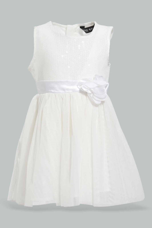 Redtag-White-Sleeveless-Mesh-Dress-With-Rosset-At-Belt-Category:Dresses,-Colour:White,-Deals:New-In,-EID,-Filter:Infant-Girls-(3-to-24-Mths),-ING-Dresses,-New-In-ING-APL,-Non-Sale,-Section:Girls-(0-to-14Yrs),-W22O-Infant-Girls-3 to 24 Months