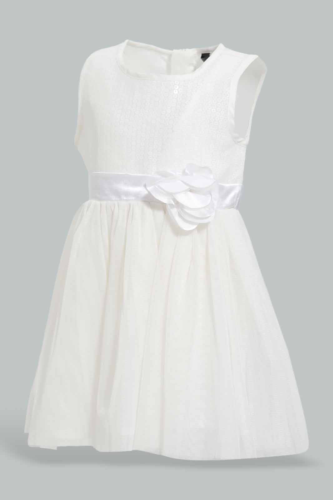 Redtag-White-Sleeveless-Mesh-Dress-With-Rosset-At-Belt-Category:Dresses,-Colour:White,-Deals:New-In,-EID,-Filter:Infant-Girls-(3-to-24-Mths),-ING-Dresses,-New-In-ING-APL,-Non-Sale,-Section:Girls-(0-to-14Yrs),-W22O-Infant-Girls-3 to 24 Months
