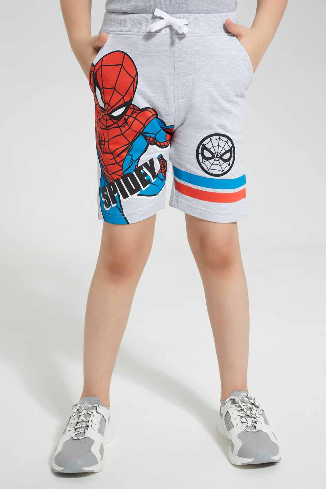 Redtag-Grey-Spiderman-Print-Elasticated-Waist-Shorts-BOY-Shorts,-Category:Shorts,-CHR,-Colour:Grey,-Deals:New-In,-Filter:Boys-(2-to-8-Yrs),-New-In-BOY-APL,-Non-Sale,-Section:Boys-(0-to-14Yrs),-TBL,-W22O-Boys-2 to 8 Years