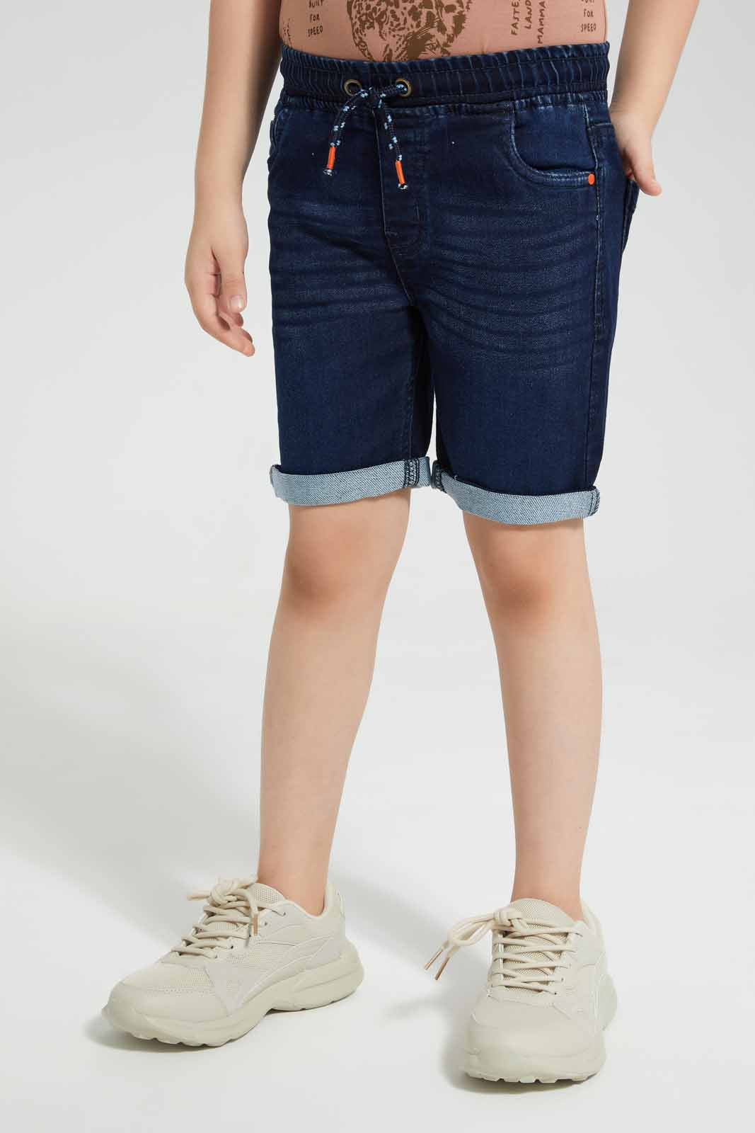 Redtag-Dark-Wash-Knit-Denim-Elasticated-Waist-Shorts-BOY-Shorts,-Category:Shorts,-Colour:Dark-Wash,-Deals:New-In,-Filter:Boys-(2-to-8-Yrs),-New-In-BOY-APL,-Non-Sale,-Section:Boys-(0-to-14Yrs),-TBL,-W22O-Boys-2 to 8 Years