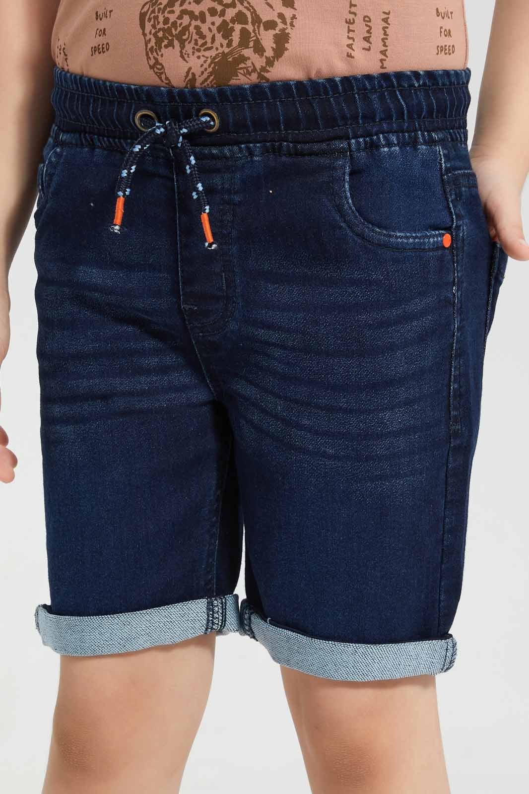 Redtag-Dark-Wash-Knit-Denim-Elasticated-Waist-Shorts-BOY-Shorts,-Category:Shorts,-Colour:Dark-Wash,-Deals:New-In,-Filter:Boys-(2-to-8-Yrs),-New-In-BOY-APL,-Non-Sale,-Section:Boys-(0-to-14Yrs),-TBL,-W22O-Boys-2 to 8 Years