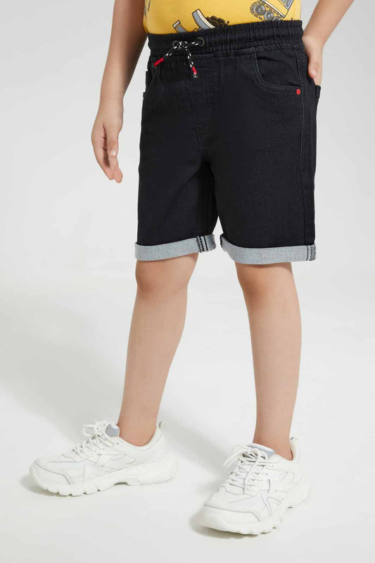 Redtag-Black-Knit-Denim-Elasticated-Waist-Shorts-BOY-Shorts,-Category:Shorts,-Colour:Black,-Deals:New-In,-Filter:Boys-(2-to-8-Yrs),-New-In-BOY-APL,-Non-Sale,-Section:Boys-(0-to-14Yrs),-TBL,-W22O-Boys-2 to 8 Years
