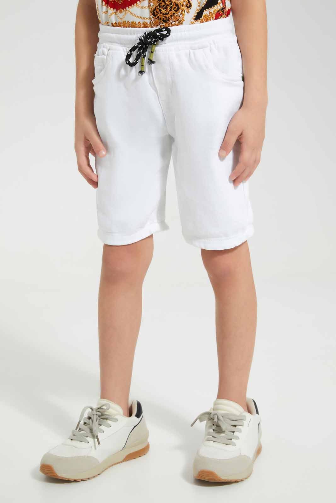 Redtag-White-Knit-Denim-Elasticated-Waist-Shorts-BOY-Shorts,-Category:Shorts,-Colour:White,-Deals:New-In,-Filter:Boys-(2-to-8-Yrs),-New-In-BOY-APL,-Non-Sale,-Section:Boys-(0-to-14Yrs),-TBL,-W22O-Boys-2 to 8 Years