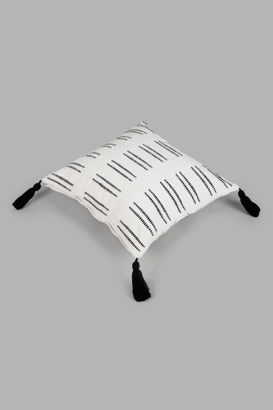 Redtag-White-And-Black-Handwoven-Cushion-With-Tassel-Category:Cushions,-Colour:White,-Deals:New-In,-Elsa,-Filter:Home-Bedroom,-HMW-BED-Cushions,-New-In-HMW-BED,-Non-Sale,-Section:Homewares,-W22O-Home-Bedroom-