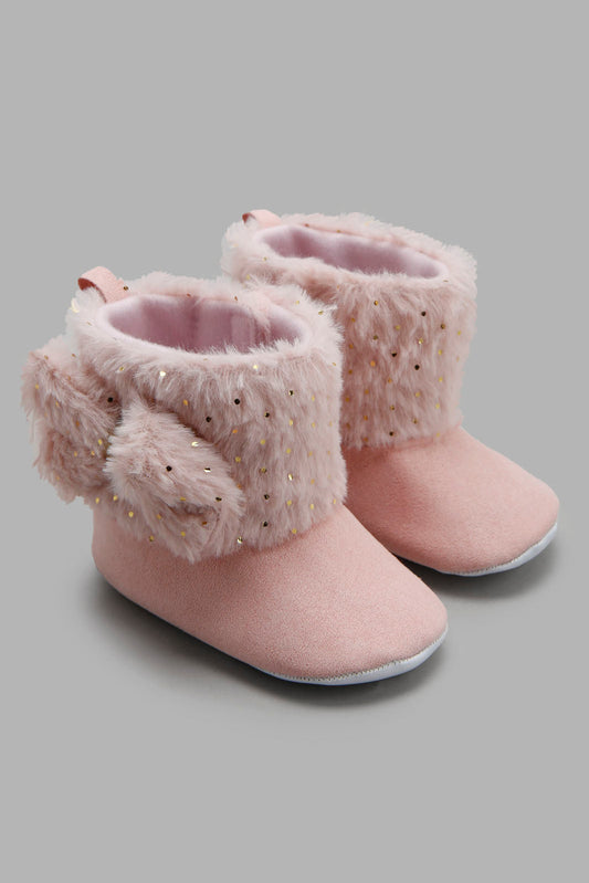 Redtag-Pink-Faux-Fur-Pram-Booties-Category:Boots,-Colour:Pink,-Deals:New-In,-Filter:Baby-Footwear-(0-to-18-Mths),-NBF-Boots,-New-In-NBF-FOO,-Non-Sale,-Section:Boys-(0-to-14Yrs),-W22B-Baby-0 to 18 Months