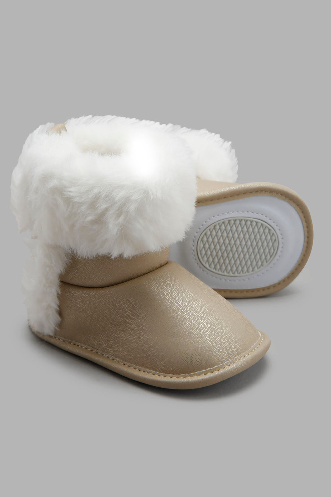Redtag-Gold-Faux-Fur-Pram-Booties-Category:Boots,-Colour:Gold,-Deals:New-In,-Filter:Baby-Footwear-(0-to-18-Mths),-NBF-Boots,-New-In-NBF-FOO,-Non-Sale,-Section:Boys-(0-to-14Yrs),-W22B-Baby-0 to 18 Months