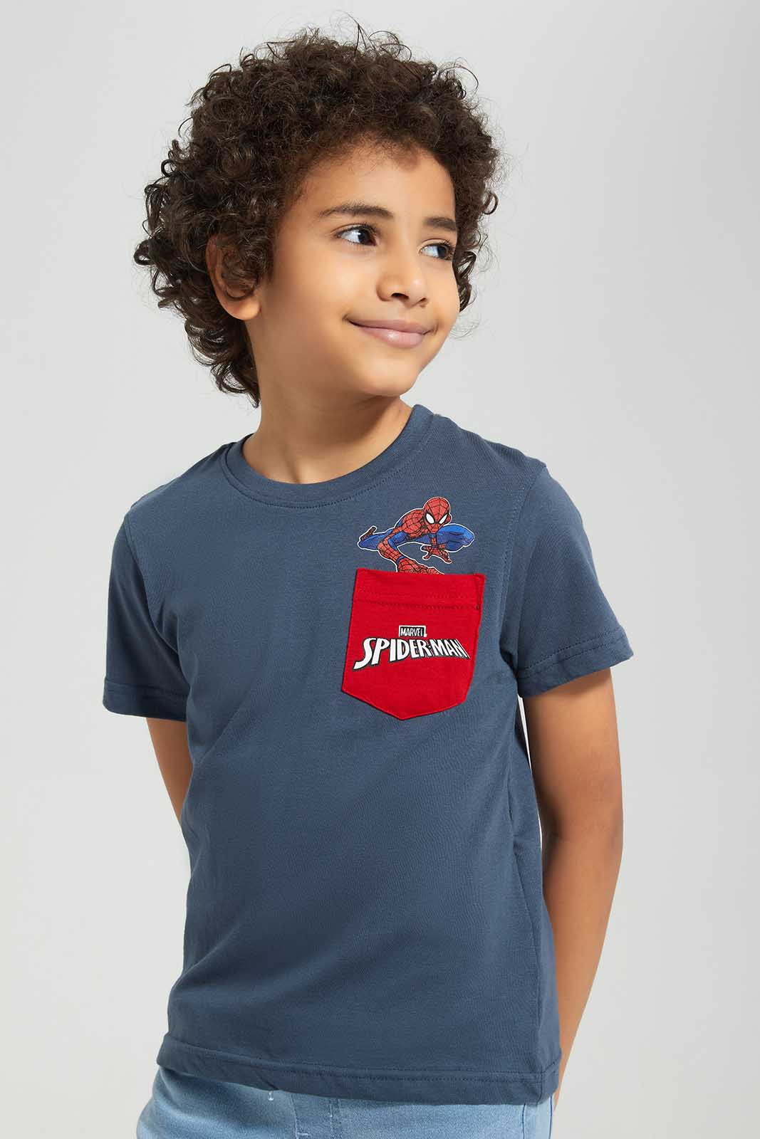 Redtag-Mid-Grey-Spiderman-Graphic-Pocket-T-Shirt-BOY-T-Shirts,-Category:T-Shirts,-CHR,-Colour:Grey,-Deals:New-In,-Filter:Boys-(2-to-8-Yrs),-New-In-BOY,-Non-Sale,-Section:Boys-(0-to-14Yrs),-TBL,-W22O-Boys-2 to 8 Years