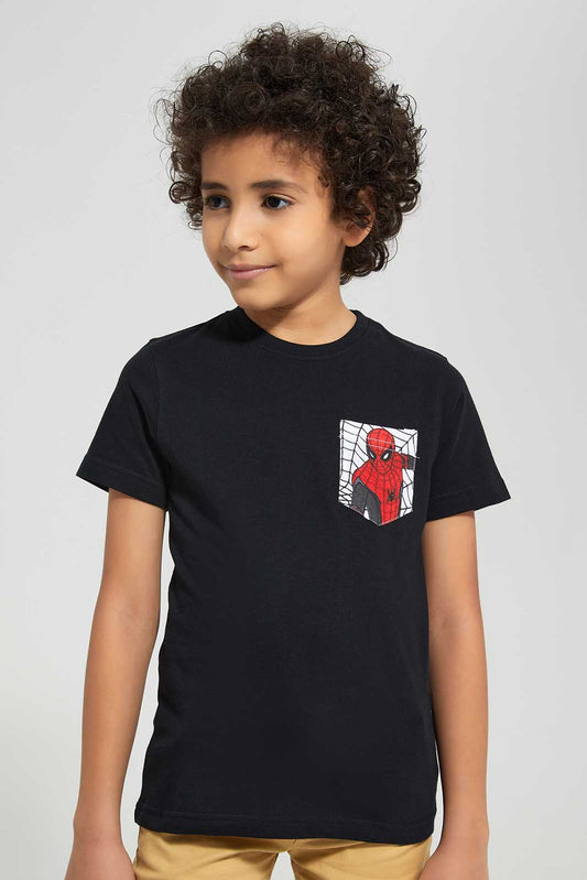 Redtag-Black-Spiderman-Graphic-Pocket-T-Shirt-BOY-T-Shirts,-Category:T-Shirts,-CHR,-Colour:Black,-Deals:New-In,-Filter:Boys-(2-to-8-Yrs),-New-In-BOY,-Non-Sale,-Section:Boys-(0-to-14Yrs),-TBL,-W22O-Boys-2 to 8 Years