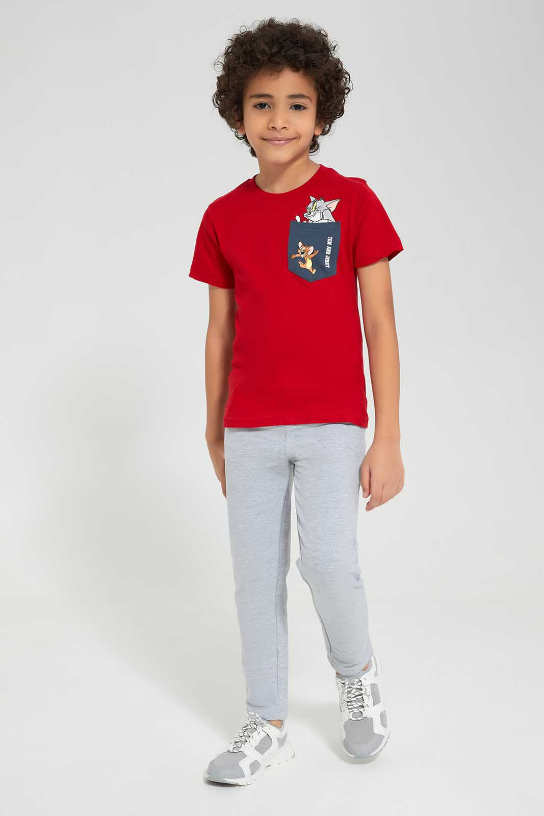 Redtag-Red-Tom-and-Jerry-Graphic-Pocket-T-Shirt-BOY-T-Shirts,-Category:T-Shirts,-CHR,-Colour:Red,-Deals:New-In,-Filter:Boys-(2-to-8-Yrs),-New-In-BOY,-Non-Sale,-Section:Boys-(0-to-14Yrs),-TBL,-W22O-Boys-2 to 8 Years