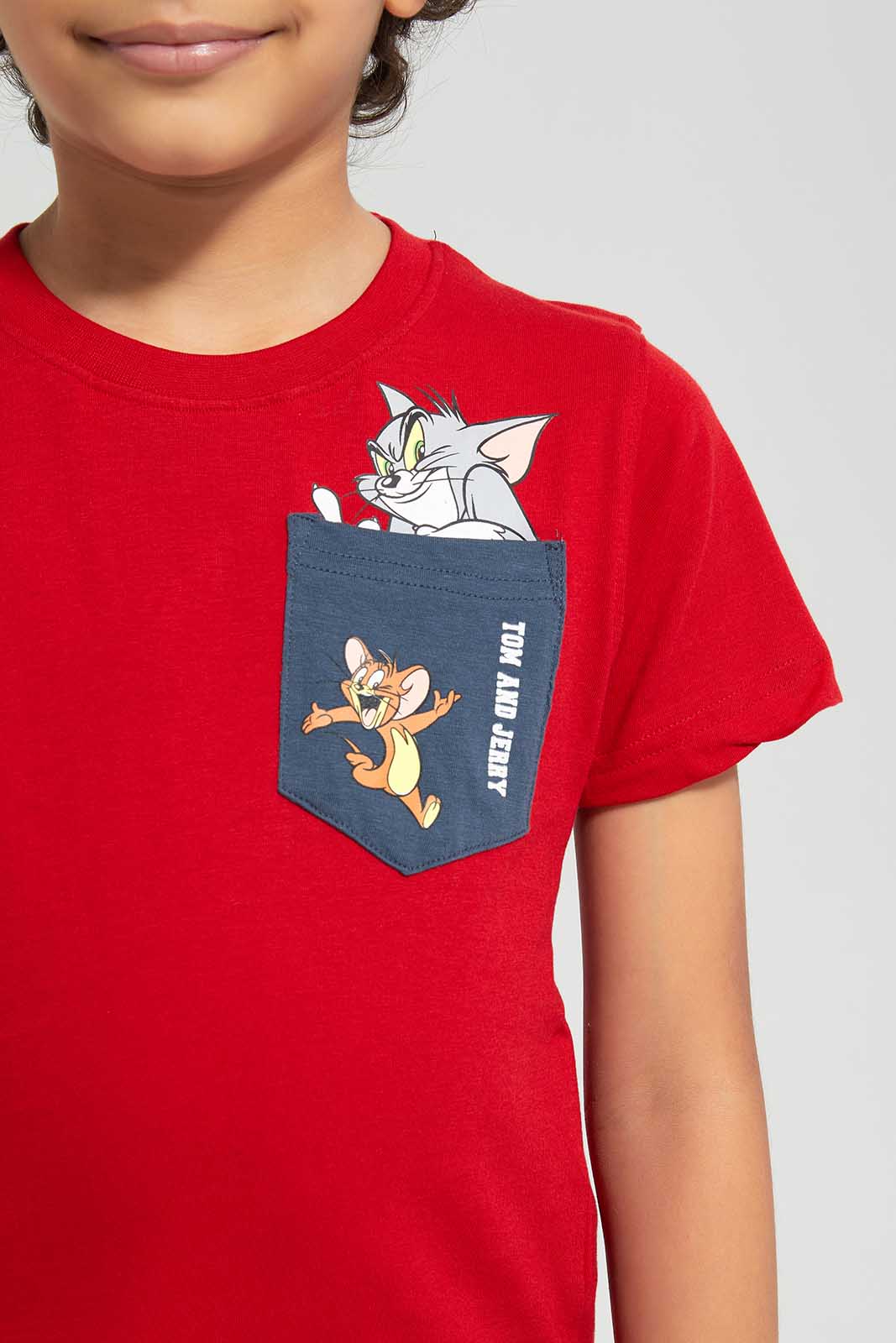 Redtag-Red-Tom-and-Jerry-Graphic-Pocket-T-Shirt-BOY-T-Shirts,-Category:T-Shirts,-CHR,-Colour:Red,-Deals:New-In,-Filter:Boys-(2-to-8-Yrs),-New-In-BOY,-Non-Sale,-Section:Boys-(0-to-14Yrs),-TBL,-W22O-Boys-2 to 8 Years