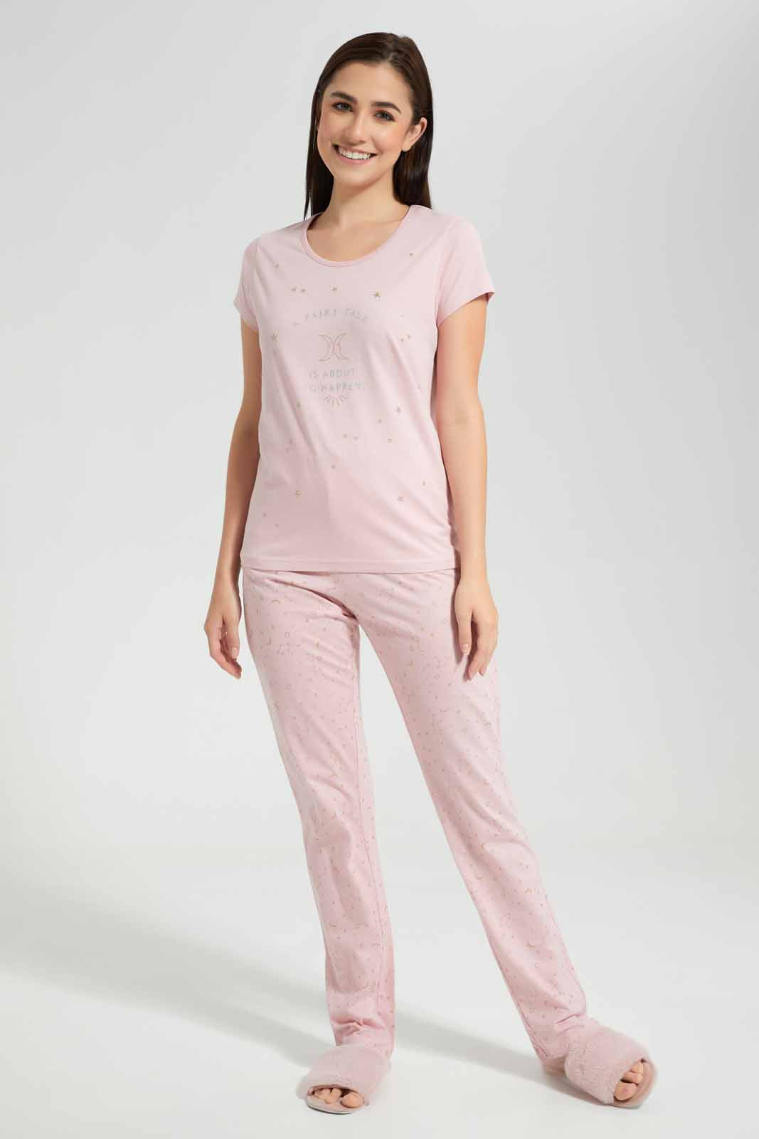Redtag-Pink-Glittered-Star-Allover-Printed-Pyjama-Set-Category:Pyjama-Sets,-Colour:Apricot,-Deals:New-In,-Filter:Women's-Clothing,-New-In-Women-APL,-Non-Sale,-Section:Women,-TBL,-W22O,-Women-Pyjama-Sets--