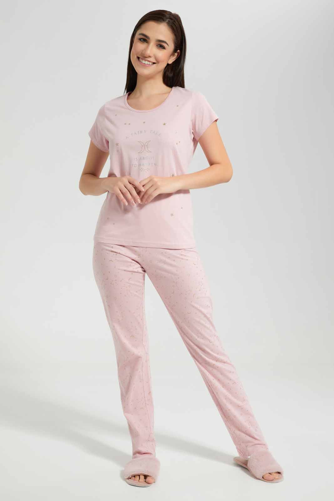 Redtag-Pink-Glittered-Star-Allover-Printed-Pyjama-Set-Category:Pyjama-Sets,-Colour:Apricot,-Deals:New-In,-Filter:Women's-Clothing,-New-In-Women-APL,-Non-Sale,-Section:Women,-TBL,-W22O,-Women-Pyjama-Sets--