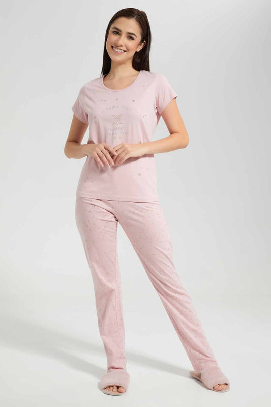 Redtag-Pink-Glittered-Star-Allover-Printed-Pyjama-Set-Category:Pyjama-Sets,-Colour:Apricot,-Deals:New-In,-Filter:Women's-Clothing,-New-In-Women-APL,-Non-Sale,-Section:Women,-TBL,-W22O,-Women-Pyjama-Sets--