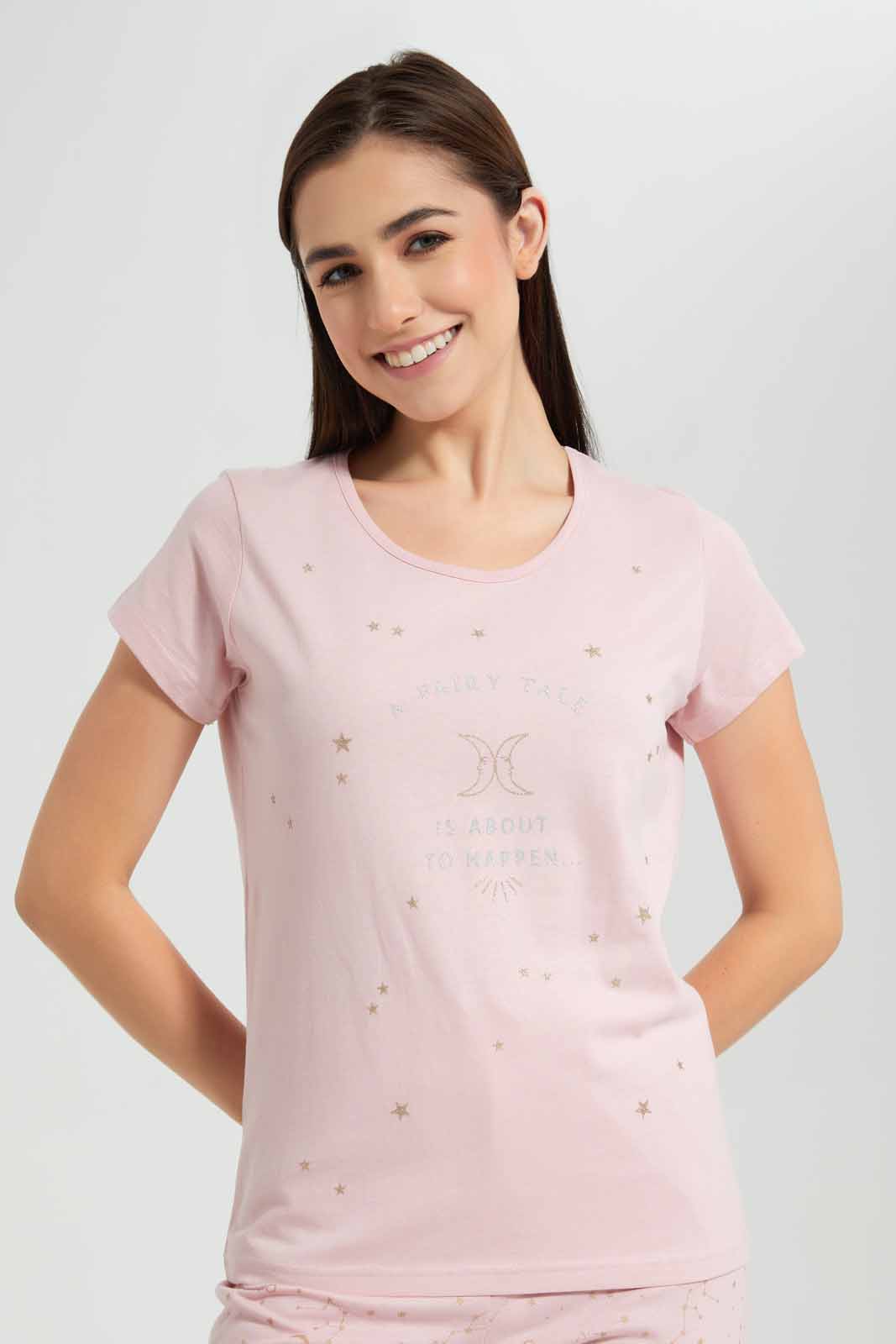 Redtag-Pink-Glittered-Star-Allover-Printed-Pyjama-Set-Category:Pyjama-Sets,-Colour:Apricot,-Deals:New-In,-Filter:Women's-Clothing,-New-In-Women-APL,-Non-Sale,-Section:Women,-TBL,-W22O,-Women-Pyjama-Sets--