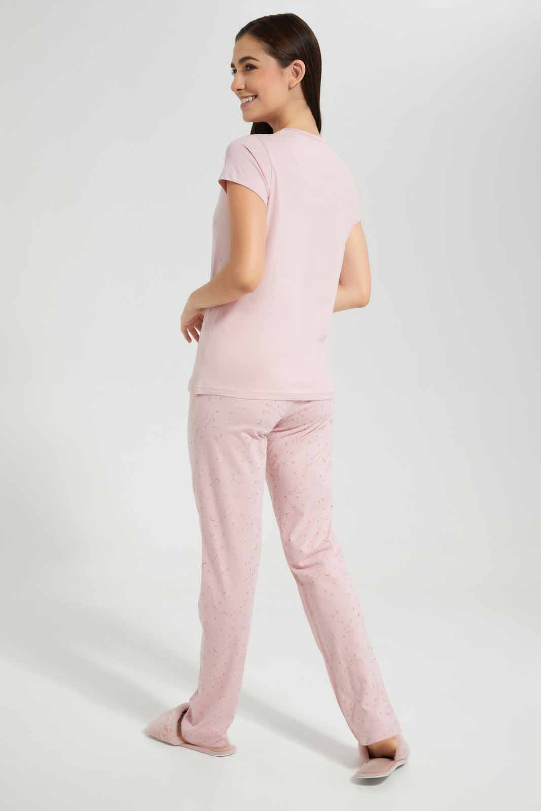Redtag-Pink-Glittered-Star-Allover-Printed-Pyjama-Set-Category:Pyjama-Sets,-Colour:Apricot,-Deals:New-In,-Filter:Women's-Clothing,-New-In-Women-APL,-Non-Sale,-Section:Women,-TBL,-W22O,-Women-Pyjama-Sets--