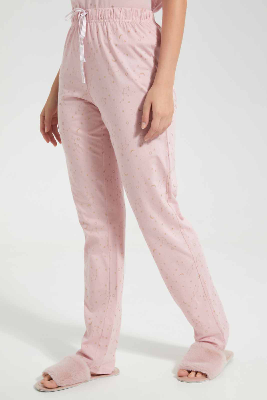Redtag-Pink-Glittered-Star-Allover-Printed-Pyjama-Set-Category:Pyjama-Sets,-Colour:Apricot,-Deals:New-In,-Filter:Women's-Clothing,-New-In-Women-APL,-Non-Sale,-Section:Women,-TBL,-W22O,-Women-Pyjama-Sets--