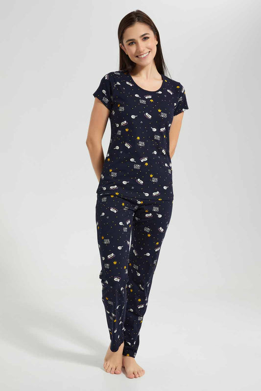 Redtag-Navy-Allover-Printed-Pyjama-Set-Category:Pyjama-Sets,-Colour:Navy,-Deals:New-In,-Filter:Women's-Clothing,-New-In-Women-APL,-Non-Sale,-Section:Women,-TBL,-W22O,-Women-Pyjama-Sets--