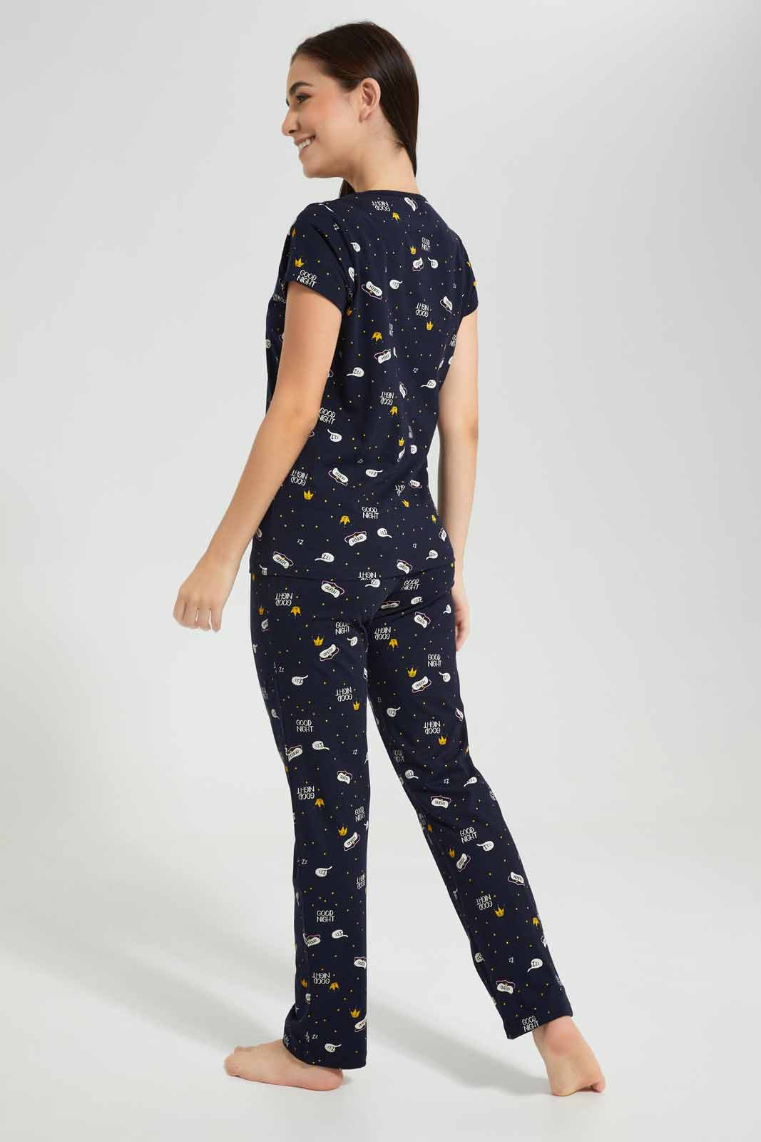 Redtag-Navy-Allover-Printed-Pyjama-Set-Category:Pyjama-Sets,-Colour:Navy,-Deals:New-In,-Filter:Women's-Clothing,-New-In-Women-APL,-Non-Sale,-Section:Women,-TBL,-W22O,-Women-Pyjama-Sets--