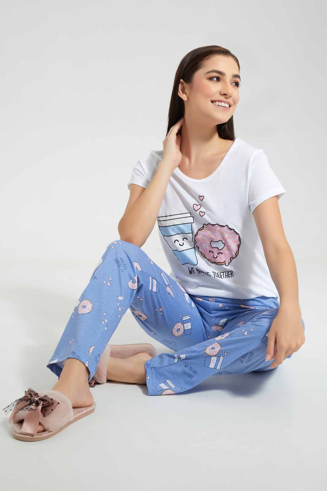 Redtag-White-Coffee-And-Donut-Printed-Pyjama-Set-Category:Pyjama-Sets,-Colour:White,-Deals:New-In,-Filter:Women's-Clothing,-New-In-Women,-Non-Sale,-Section:Women,-TBL,-W22O,-Women-Pyjama-Sets--