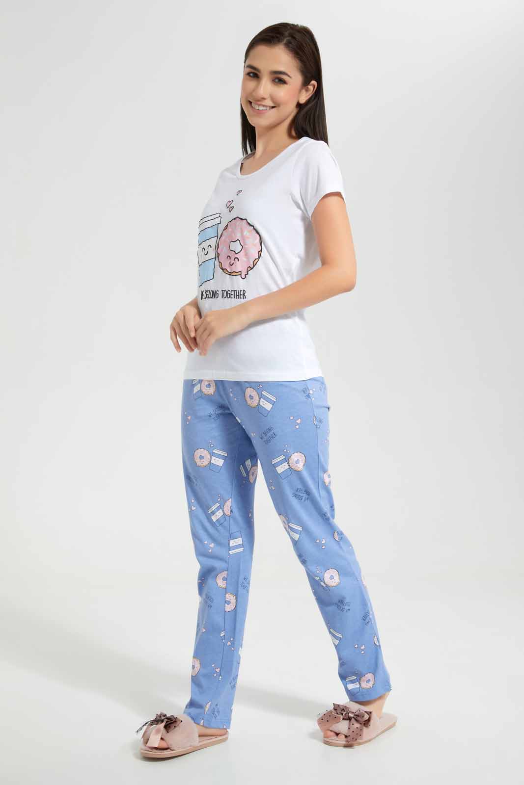 Redtag-White-Coffee-And-Donut-Printed-Pyjama-Set-Category:Pyjama-Sets,-Colour:White,-Deals:New-In,-Filter:Women's-Clothing,-New-In-Women,-Non-Sale,-Section:Women,-TBL,-W22O,-Women-Pyjama-Sets--