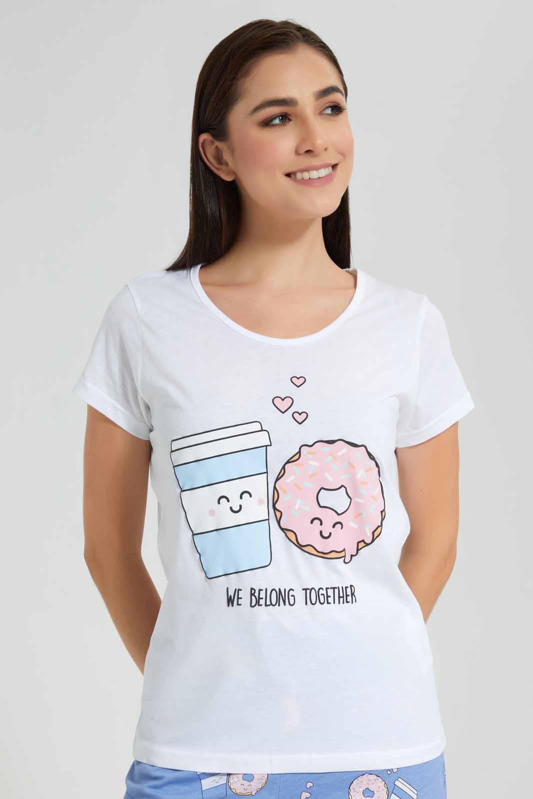 Redtag-White-Coffee-And-Donut-Printed-Pyjama-Set-Category:Pyjama-Sets,-Colour:White,-Deals:New-In,-Filter:Women's-Clothing,-New-In-Women,-Non-Sale,-Section:Women,-TBL,-W22O,-Women-Pyjama-Sets--