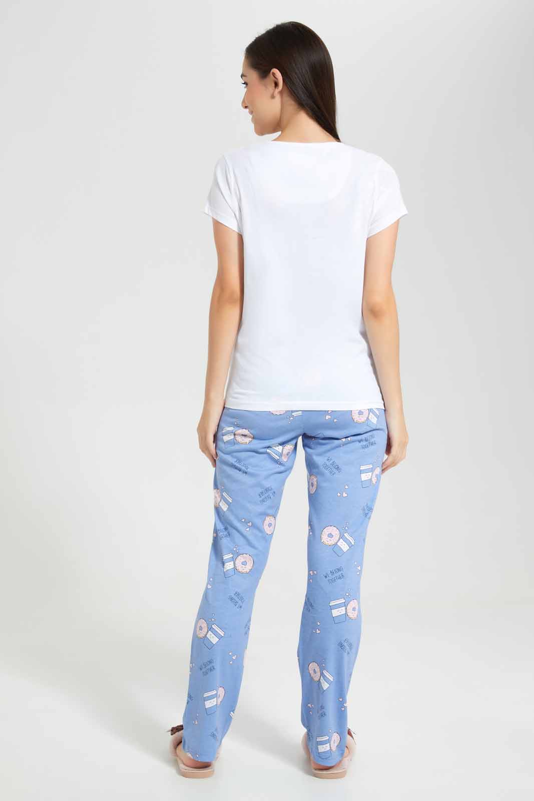Redtag-White-Coffee-And-Donut-Printed-Pyjama-Set-Category:Pyjama-Sets,-Colour:White,-Deals:New-In,-Filter:Women's-Clothing,-New-In-Women,-Non-Sale,-Section:Women,-TBL,-W22O,-Women-Pyjama-Sets--