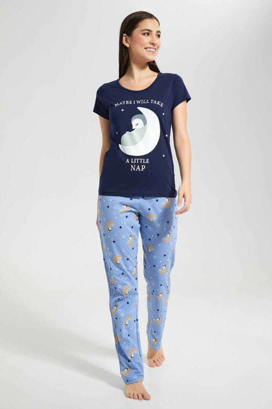 Redtag-Navy-Moon-Printed-Pyjama-Set-Category:Pyjama-Sets,-Colour:Navy,-Deals:New-In,-Filter:Women's-Clothing,-New-In-Women,-Non-Sale,-Section:Women,-TBL,-W22O,-Women-Pyjama-Sets--