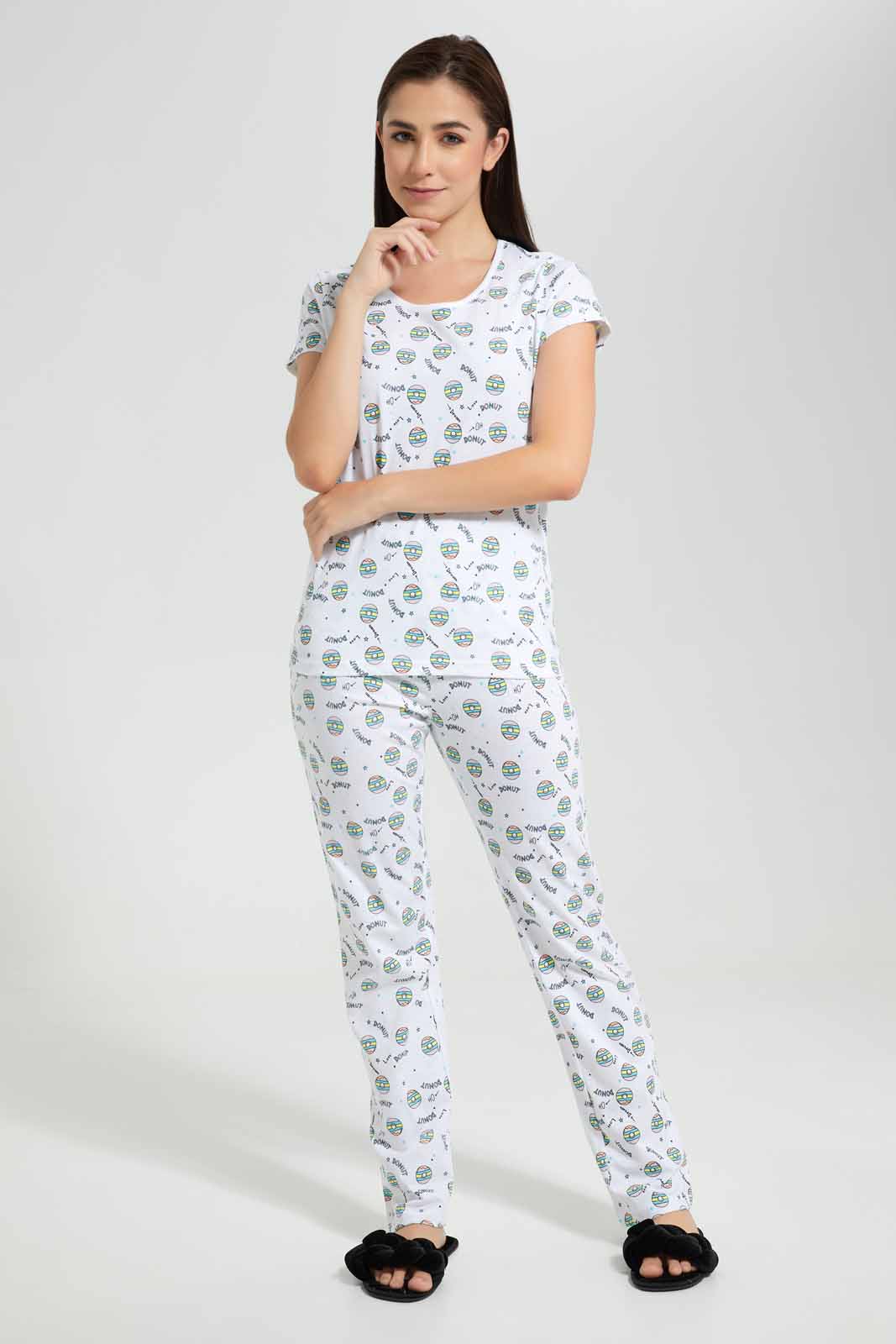 Redtag-White/Grey-Panda-Stripe-Printed-Pyjama-Set-Category:Pyjama-Sets,-Colour:Assorted,-Deals:New-In,-Filter:Women's-Clothing,-New-In-Women,-Non-Sale,-Section:Women,-TBL,-W22O,-Women-Pyjama-Sets--