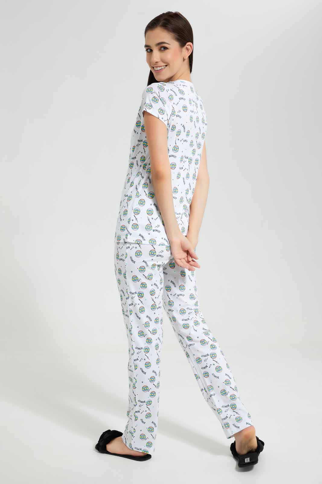 Redtag-White/Grey-Panda-Stripe-Printed-Pyjama-Set-Category:Pyjama-Sets,-Colour:Assorted,-Deals:New-In,-Filter:Women's-Clothing,-New-In-Women,-Non-Sale,-Section:Women,-TBL,-W22O,-Women-Pyjama-Sets--