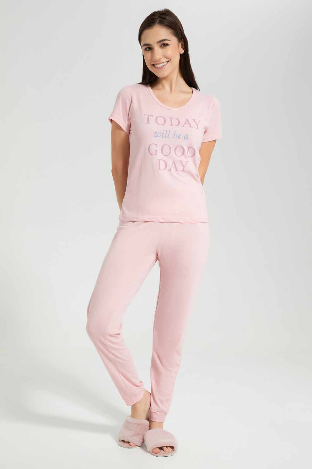 Redtag-Pink-Melange-Good-Day-Printed-Pyjama-Set-Category:Pyjama-Sets,-Colour:Apricot,-Deals:New-In,-Filter:Women's-Clothing,-New-In-Women-APL,-Non-Sale,-Section:Women,-TBL,-W22O,-Women-Pyjama-Sets--