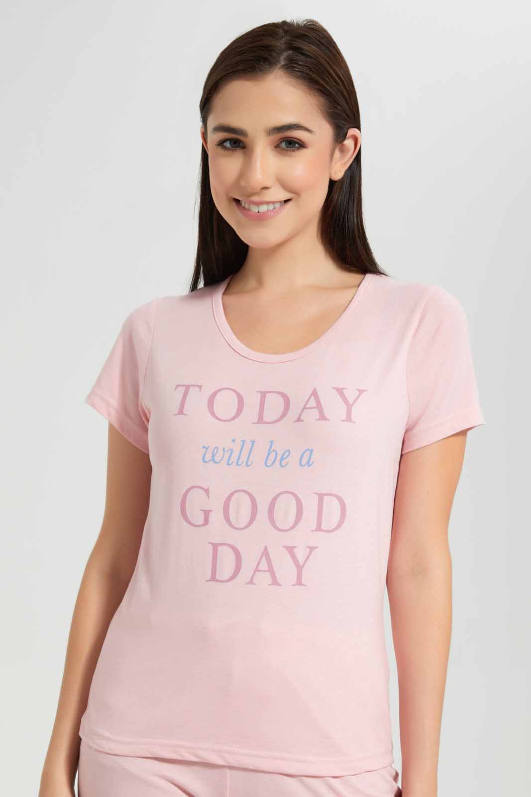 Redtag-Pink-Melange-Good-Day-Printed-Pyjama-Set-Category:Pyjama-Sets,-Colour:Apricot,-Deals:New-In,-Filter:Women's-Clothing,-New-In-Women-APL,-Non-Sale,-Section:Women,-TBL,-W22O,-Women-Pyjama-Sets--