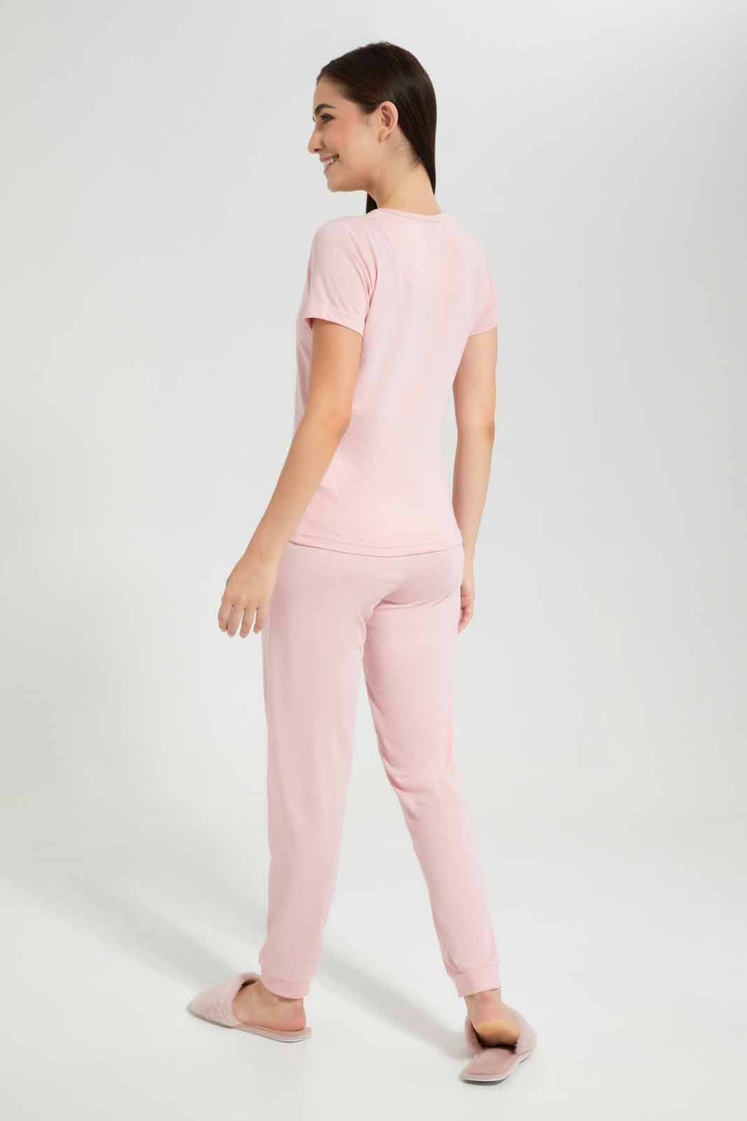 Redtag-Pink-Melange-Good-Day-Printed-Pyjama-Set-Category:Pyjama-Sets,-Colour:Apricot,-Deals:New-In,-Filter:Women's-Clothing,-New-In-Women-APL,-Non-Sale,-Section:Women,-TBL,-W22O,-Women-Pyjama-Sets--